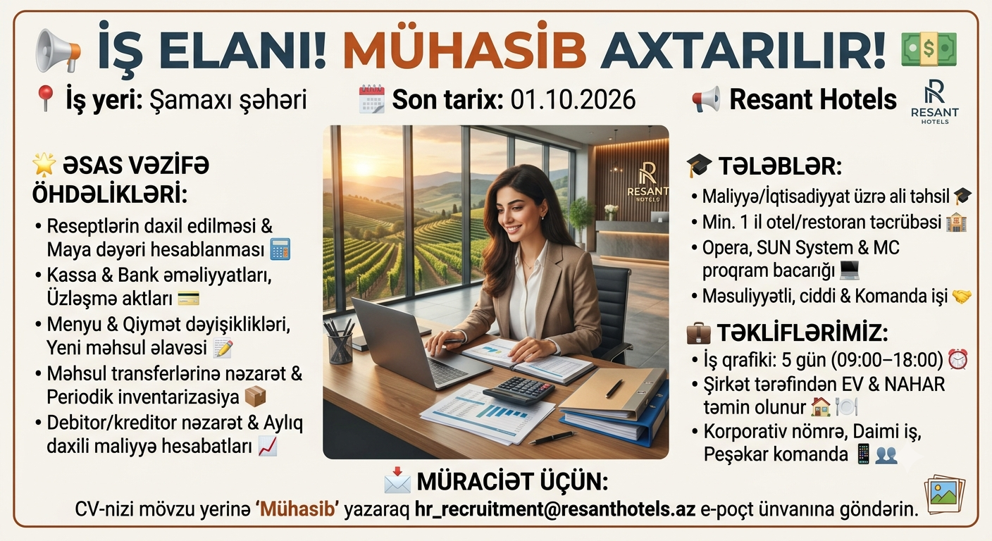 📢 Resant Hotels – Mühasib axtarılır! 🏨📊