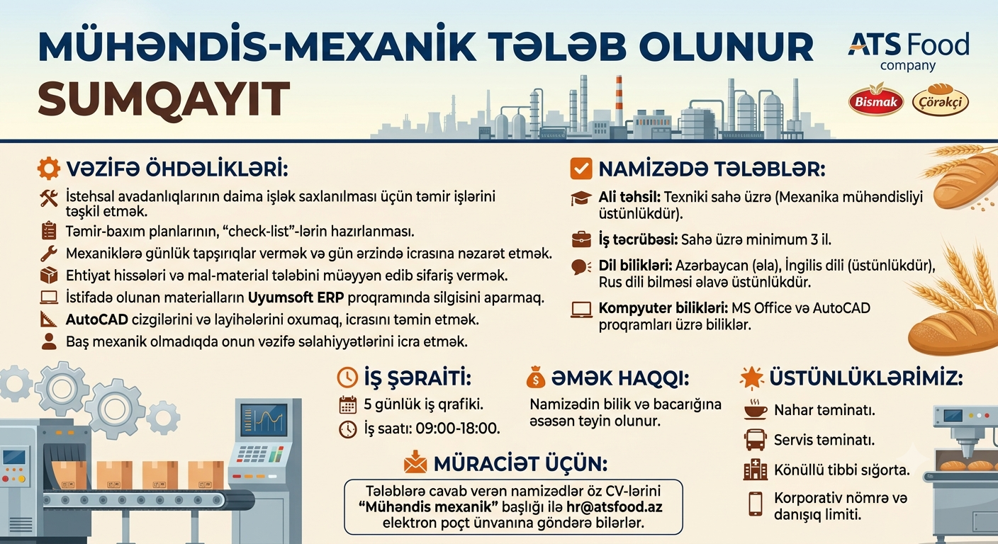 ⚙️ MÜHƏNDİS-MEXANİK TƏLƏB OLUNUR ⚙️ ​🏢 Şirkət: ATS Food (Bismak / Çörəkçi)