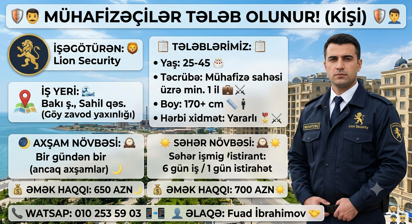 📢 İş Elanı: Mühafizəçilər (Bəy) ​🛡️ Şirkət: "Lion Security"