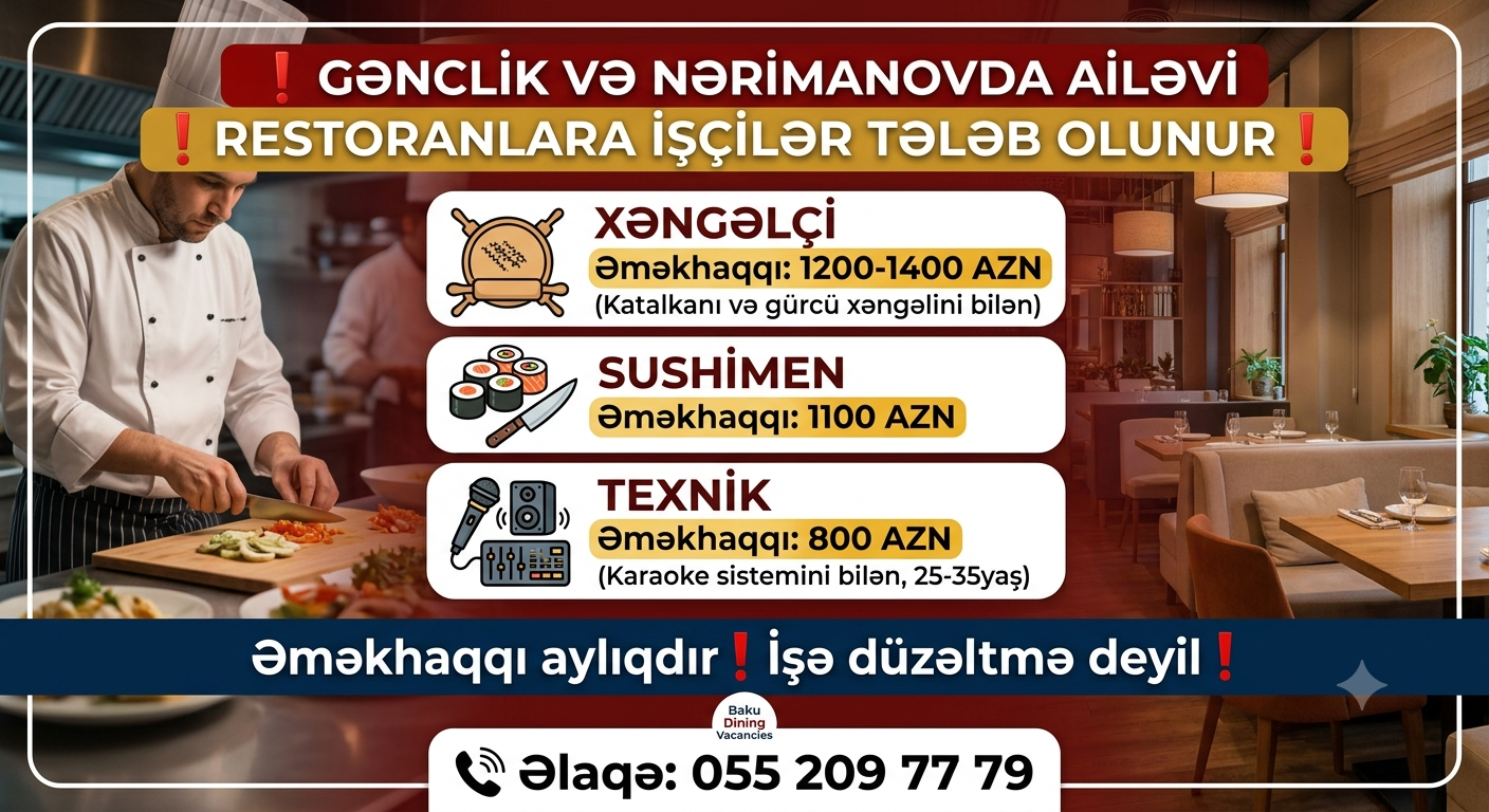 Gənclik və Nərimanovda ailəvi restoranlara işçilər tələb olunur❗