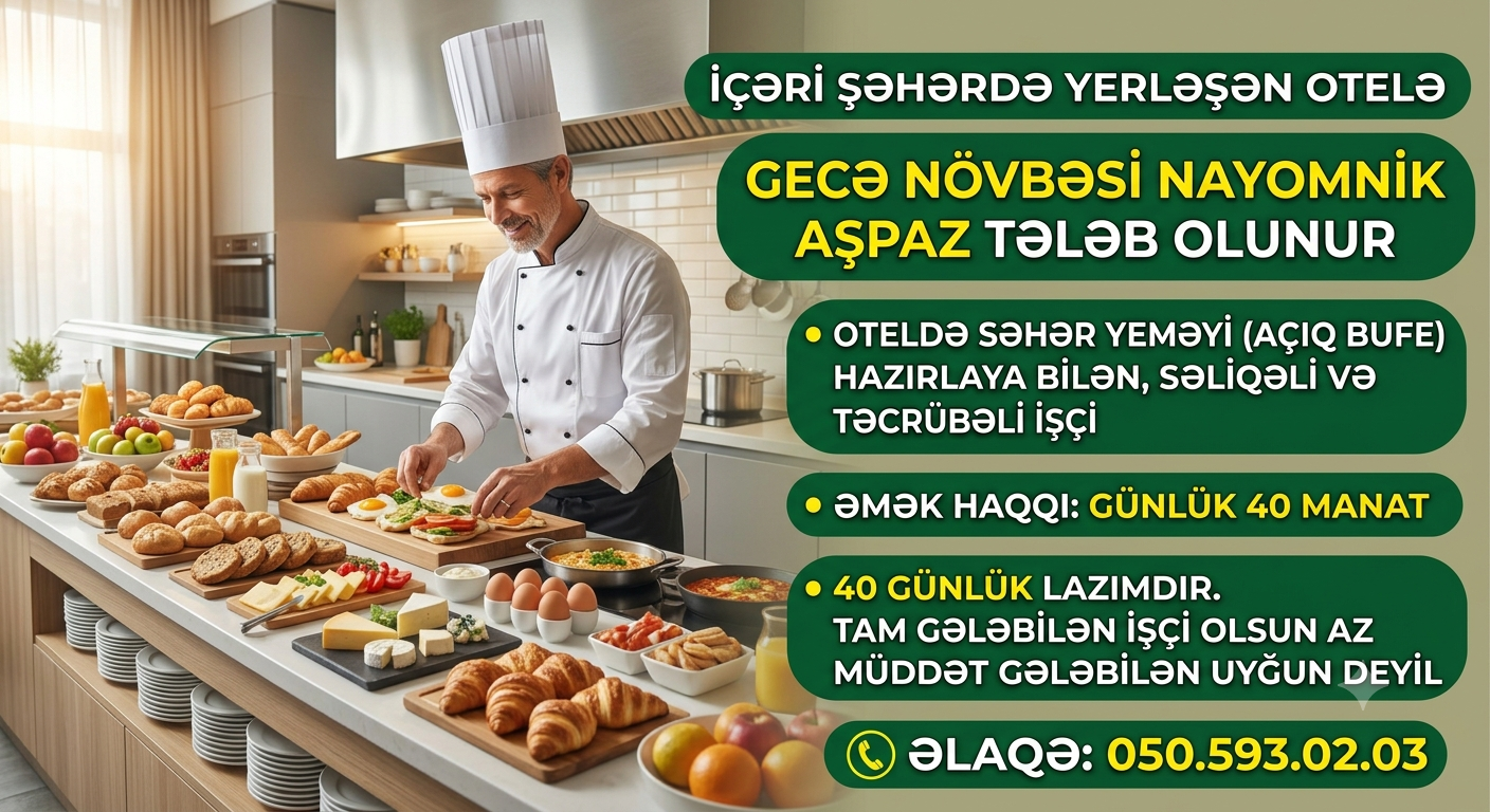 İçərişəhərdə yerləşən otelə Gecə Növbəsi Aşpaz (Nayomnik) tələb olunur!