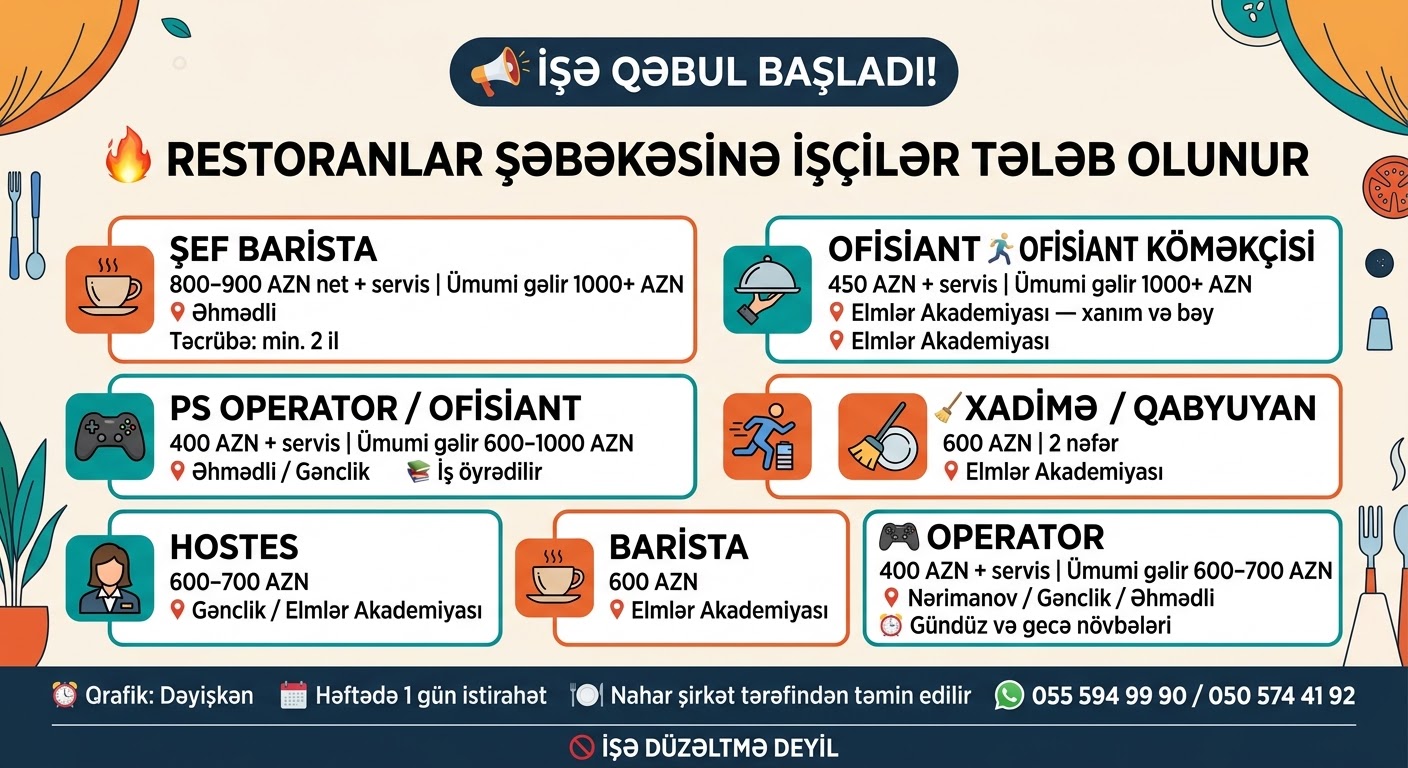 📢 RESTORANLAR ŞƏBƏKƏSİNƏ İŞÇİLƏR TƏLƏB OLUNUR!!!