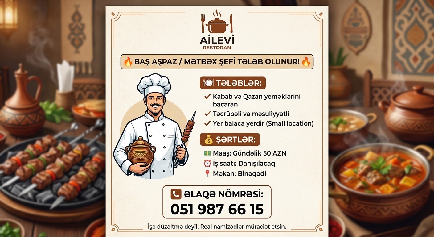 Ailevi restorana Metbex chefi lazimdir