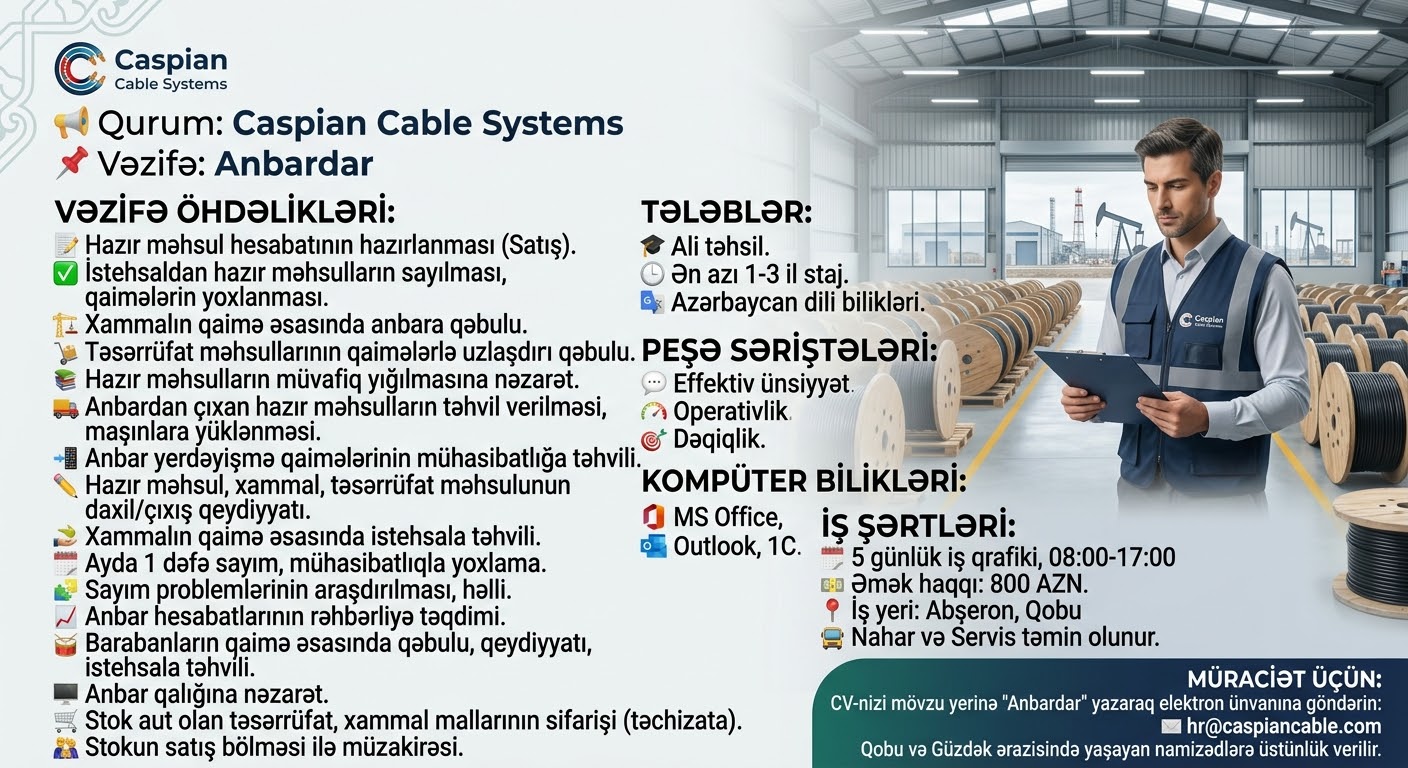 📢   ** * Qurum*  Caspian Cable Systems *📌   ** **Vəzifə* Anbardar