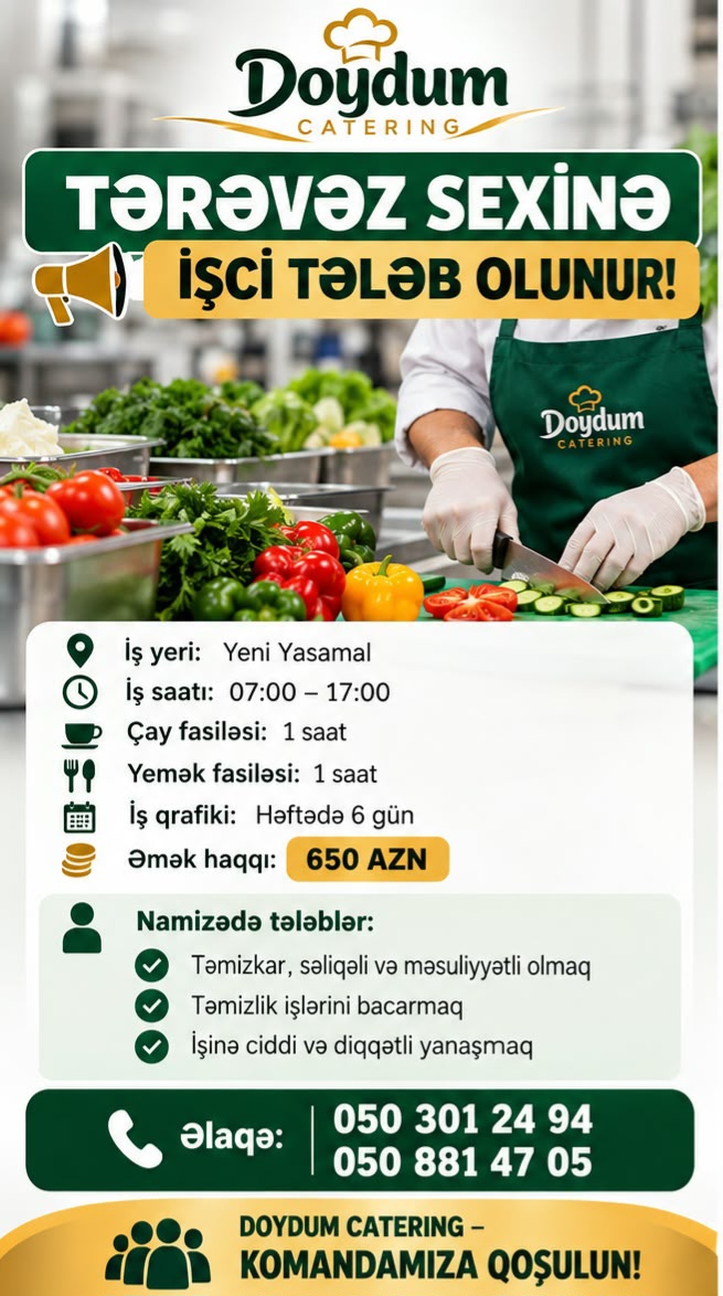 Tərəvəz Sexinə işçi tələb olunur