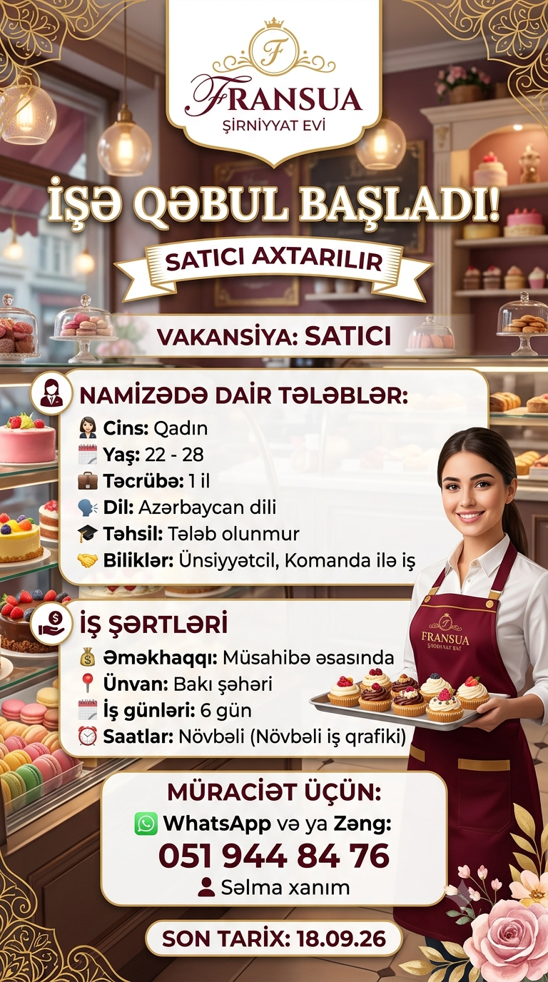 Şirniyyat evinə satıcılar tələb olunur