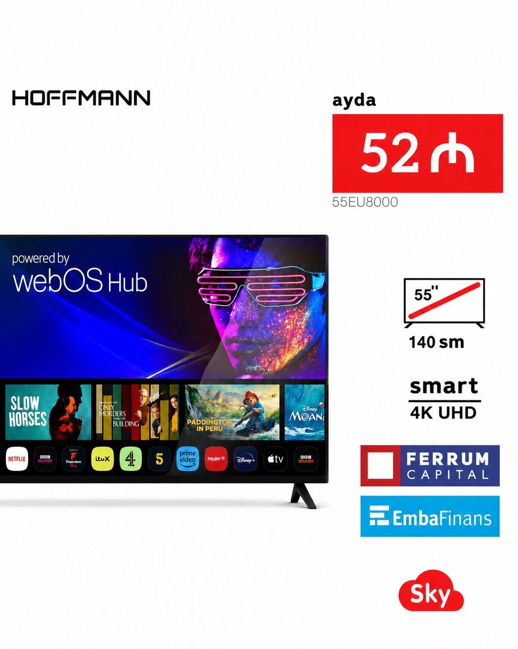 Kreditlə Yeni Televizor Hoffmann LED ekran 55" 4K (3840x2160), Pulsuz çatdırılma