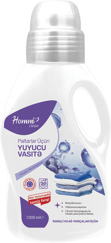 Şəkildə ağ və rəngli parça çamaşırlar üçün nəzərdə tutulmuş 1000 ml həcmli ağ rəngli qablaşdırmada təqdim olunan Homm Clean Paltarlar Üçün Yuyucu Vasitə (